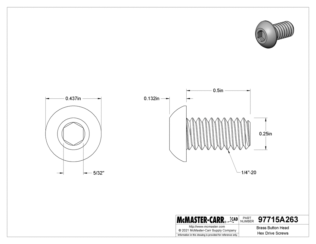 Technical Drawing of Brass Button Head Hex Drive Screws, 1/4"-20 Thread Size, 1/2" Long.
